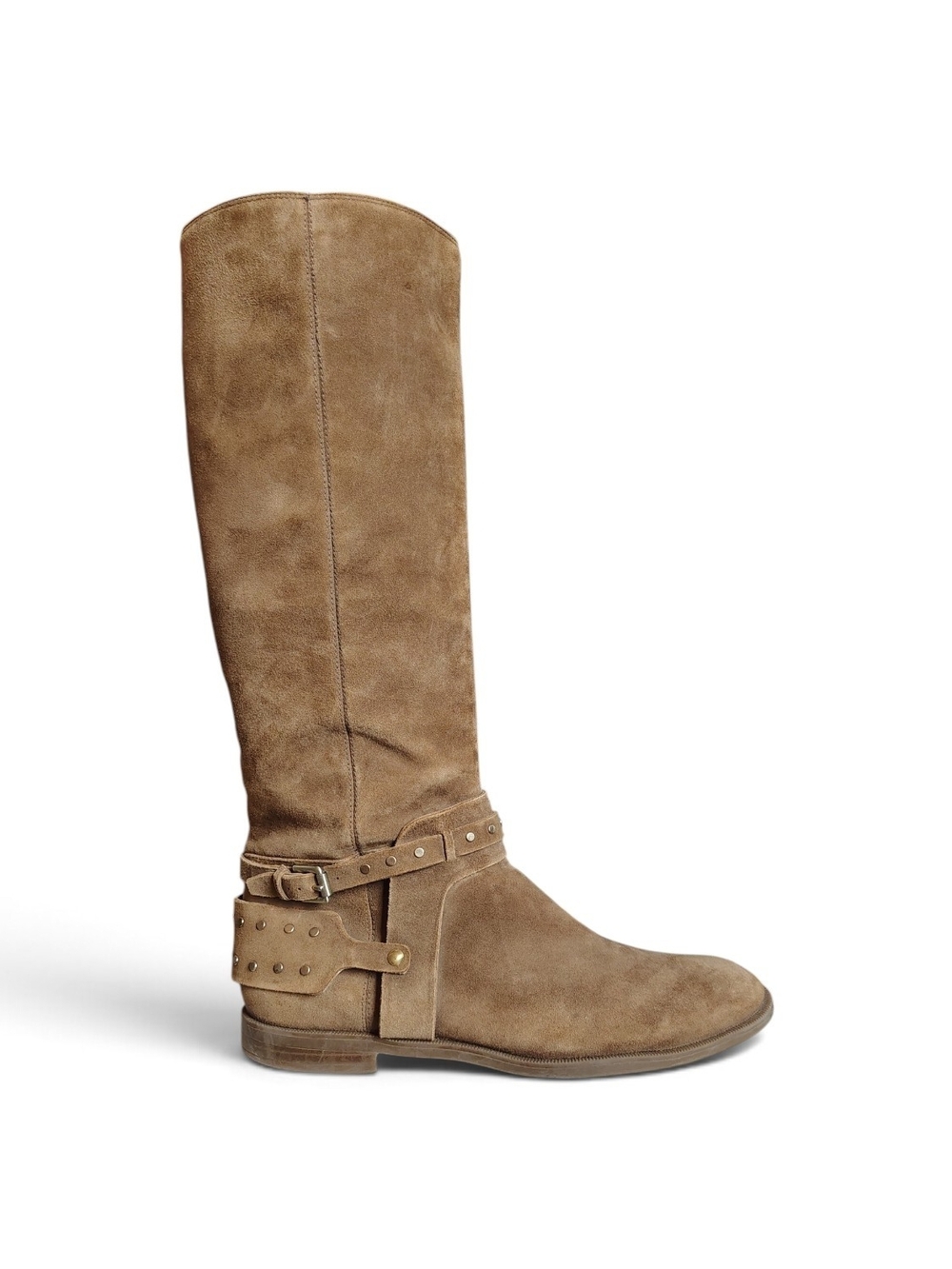Nine West Luciana Tan Suede Studded Harness Riding Boots Women's Size 9